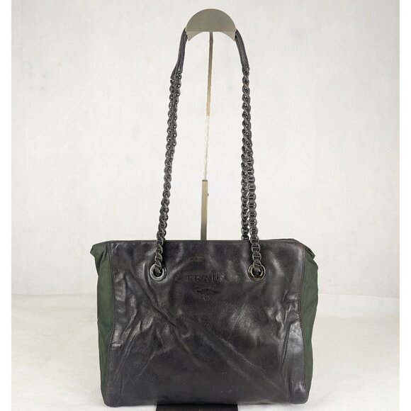Authentic PRADA Leather/Nylon Chain Shoulder Bag Brown/Green Made in Italy - Picture 1 of 12